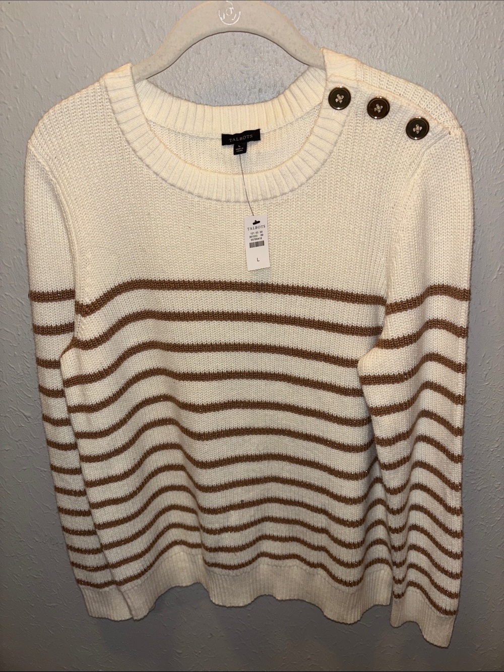 NWT Talbots Button Stripe Crew Neck Sweater Cream Gold Women’s Sz Large